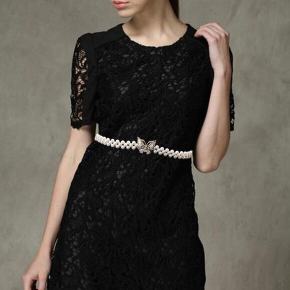 Pearl Elastic Chain Belt Adjustable Stretchy Metal Crystal Flower Buckle Waist😎 - Picture 2 of 7